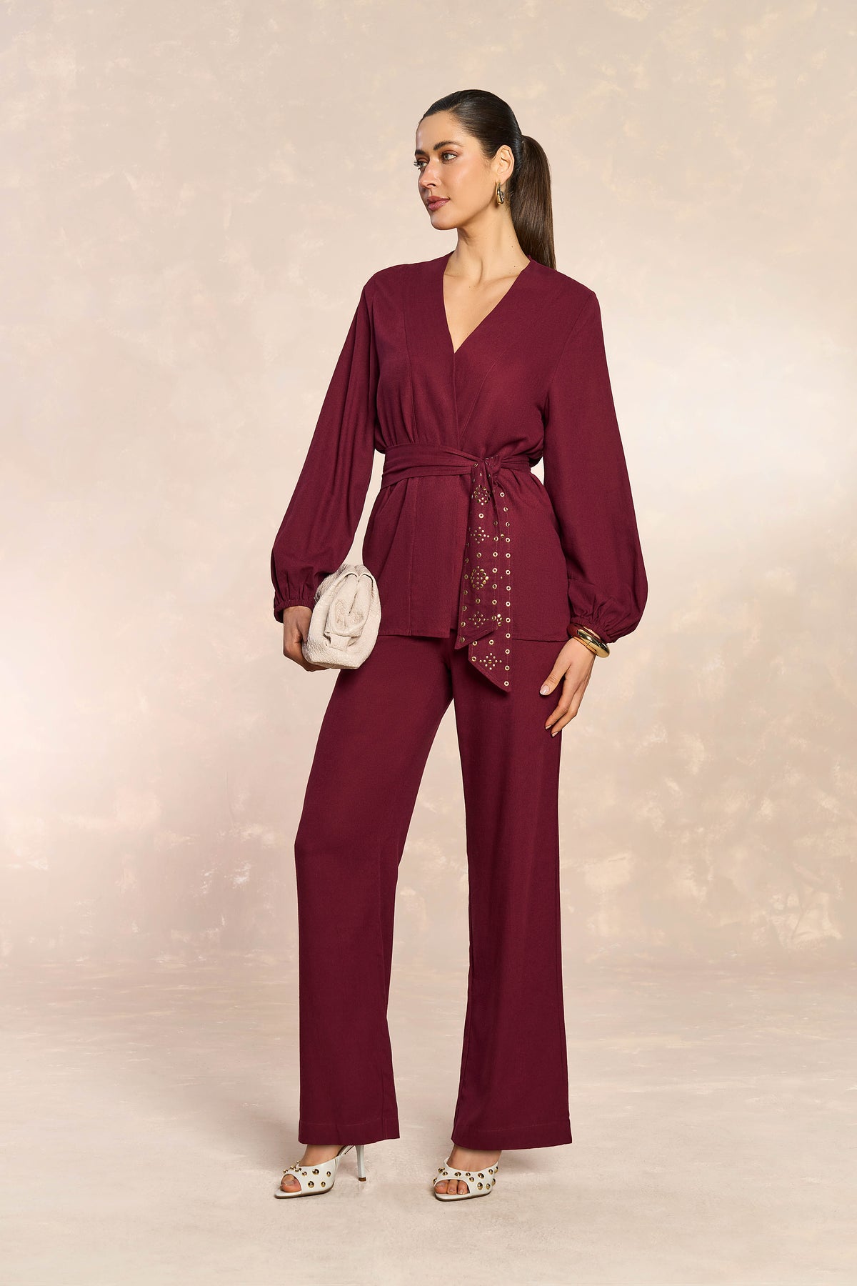 KIMONO FEM MANGA LONGA EM PLANO LINEN MERLOT