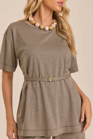 BLUSA FEM MC EM JACQUARD PIED POOL CAQUI/PRETO