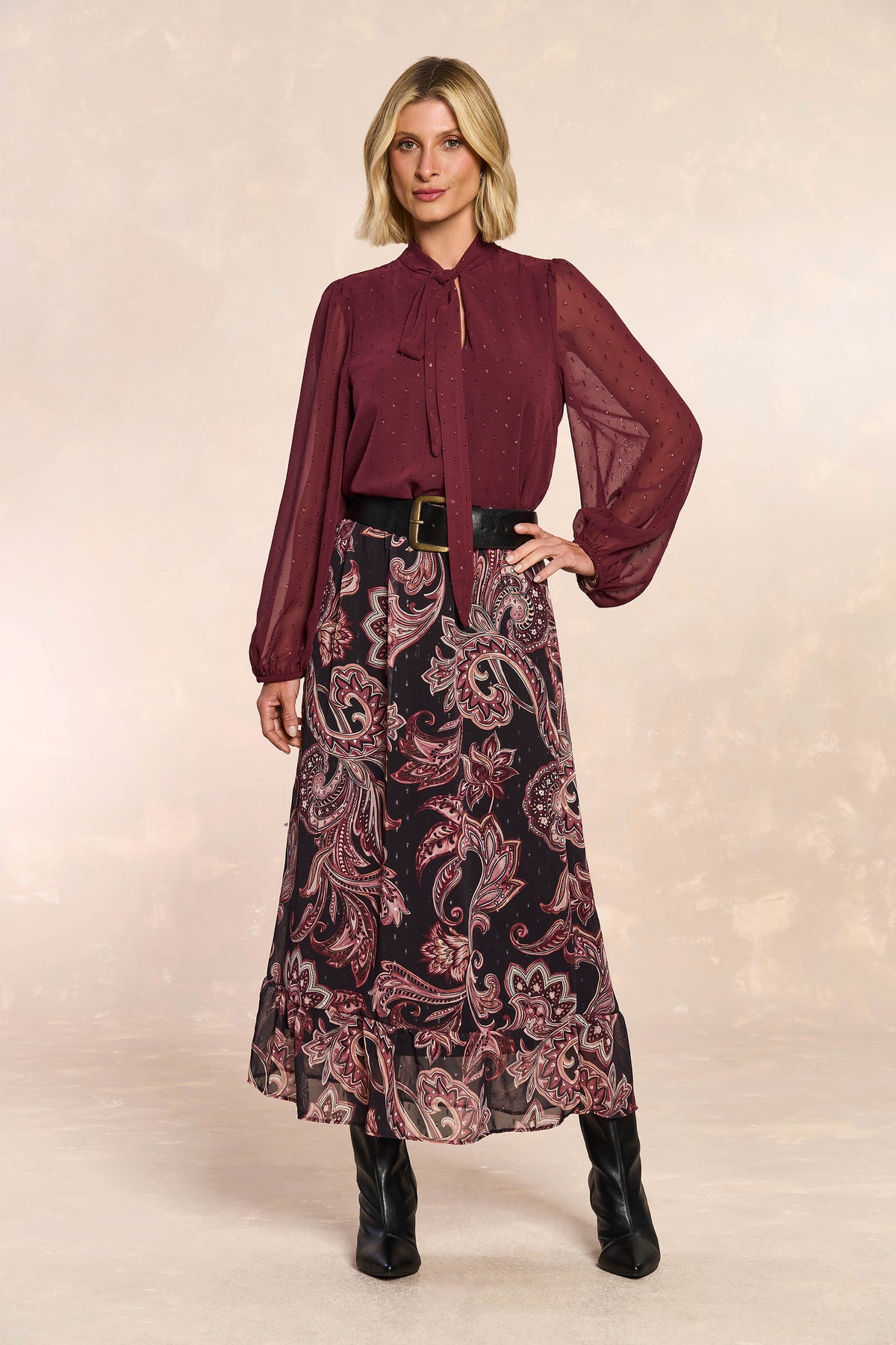 BLUSA FEM ML PLANO CHIFFON BRILHO MERLOT