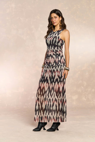 VESTIDO LONGO SEM MANGA EM TULE PRETO ETHNIC BLUR