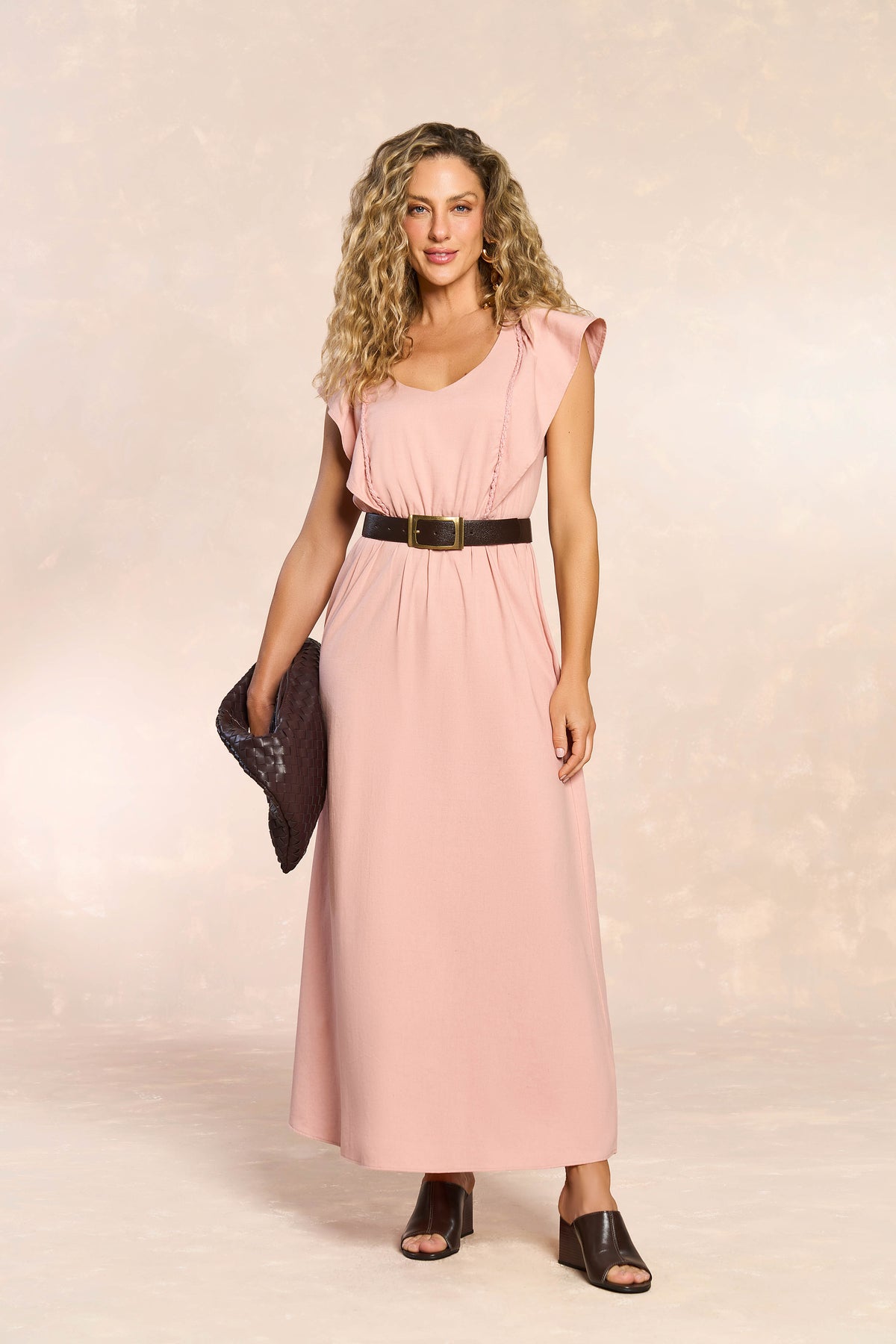 VESTIDO LONGO MC EM PLANO VISCOLINHO ROSE