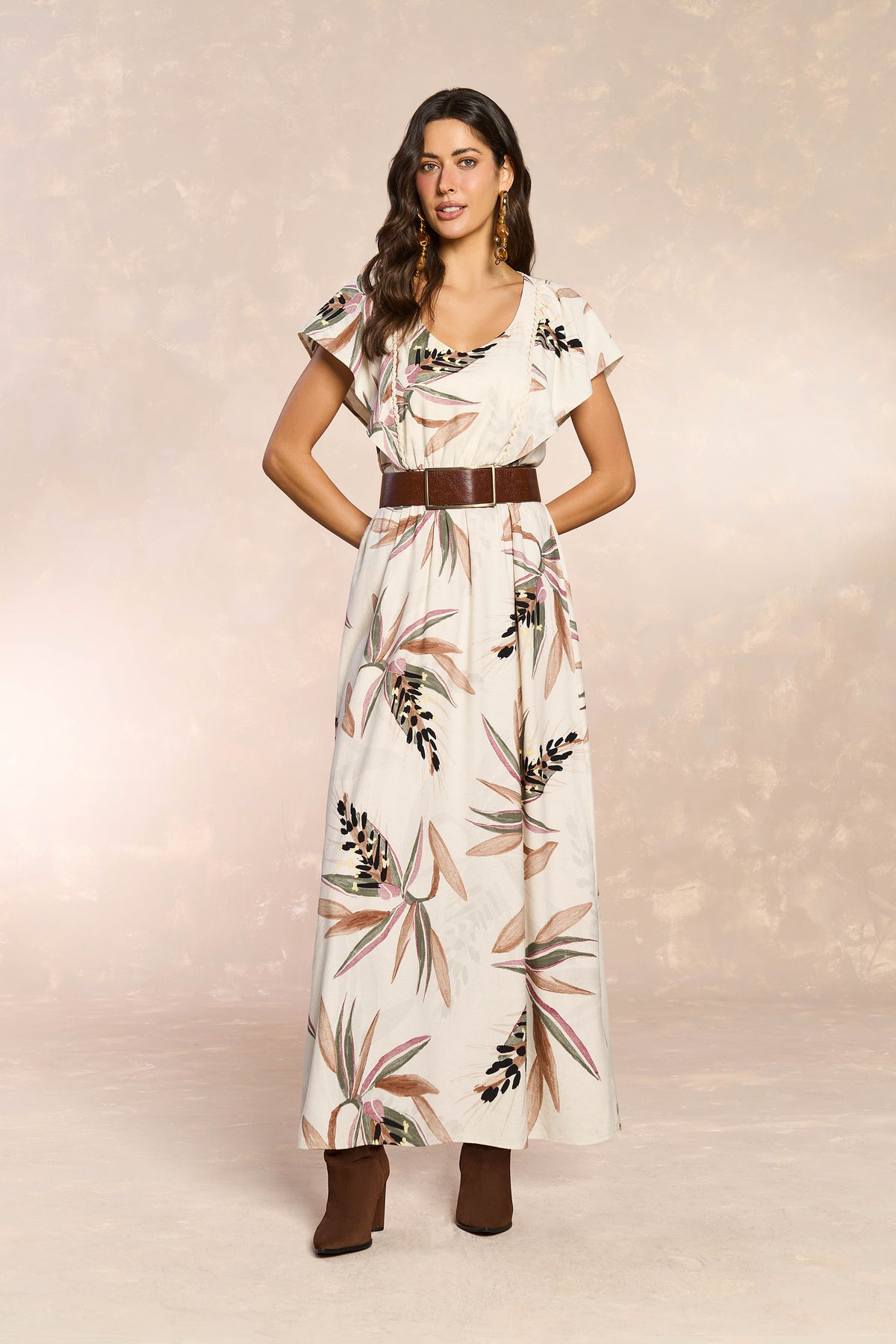 VESTIDO LONGO MC EM PLANO VISCOLINHO BUTTER TROPICAL GARDEN