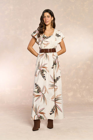 VESTIDO LONGO MC EM PLANO VISCOLINHO BUTTER TROPICAL GARDEN