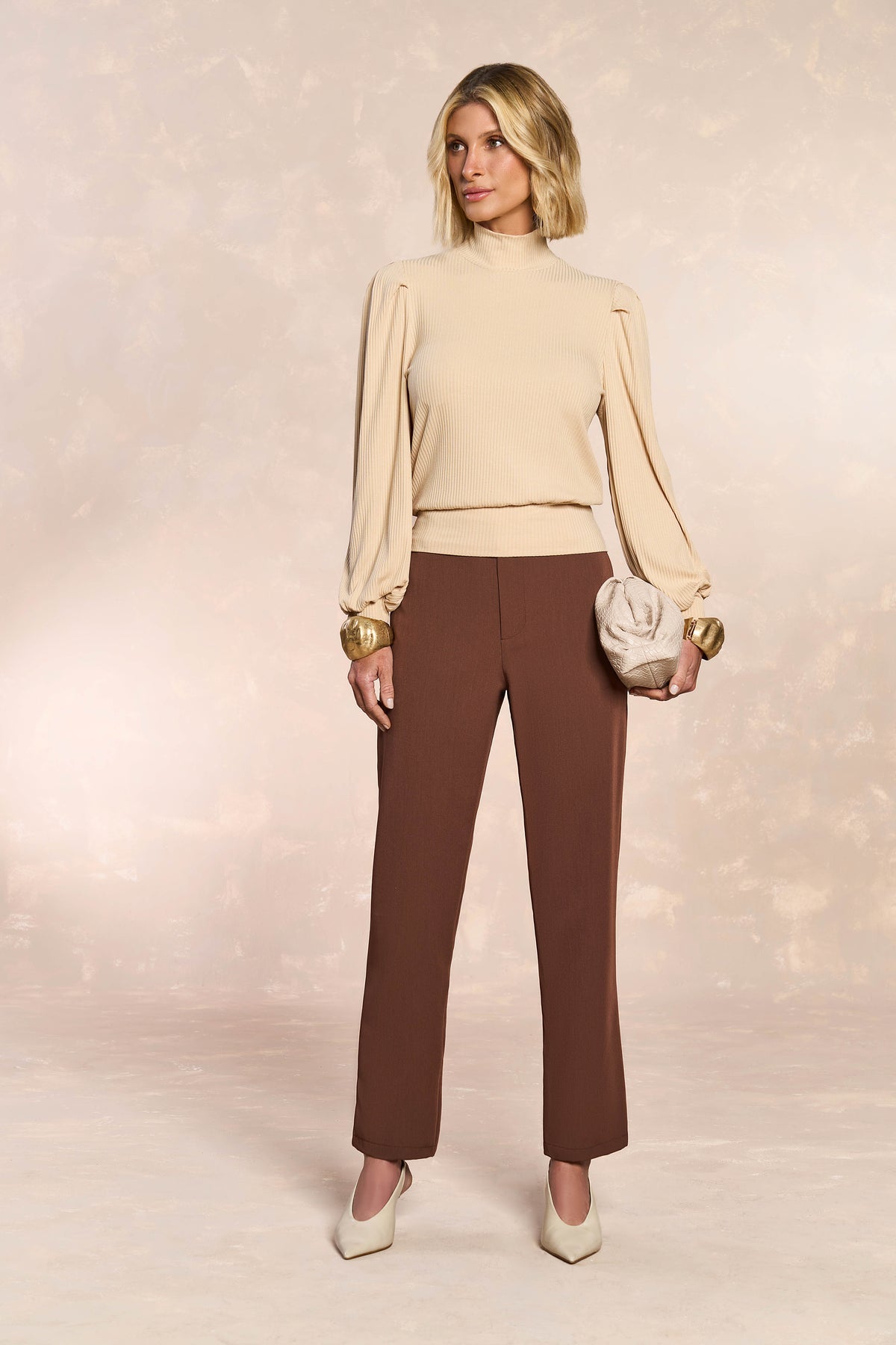 BLUSA FEM MANGA LONGA EM RIBANA CAQUI