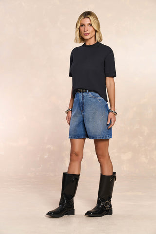 BLUSA FEM MC EM MALHA SUEDINE PRETO