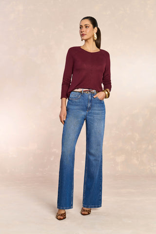 CALCA FEM RETA PEONIA EM DENIM JEANS ESCURO