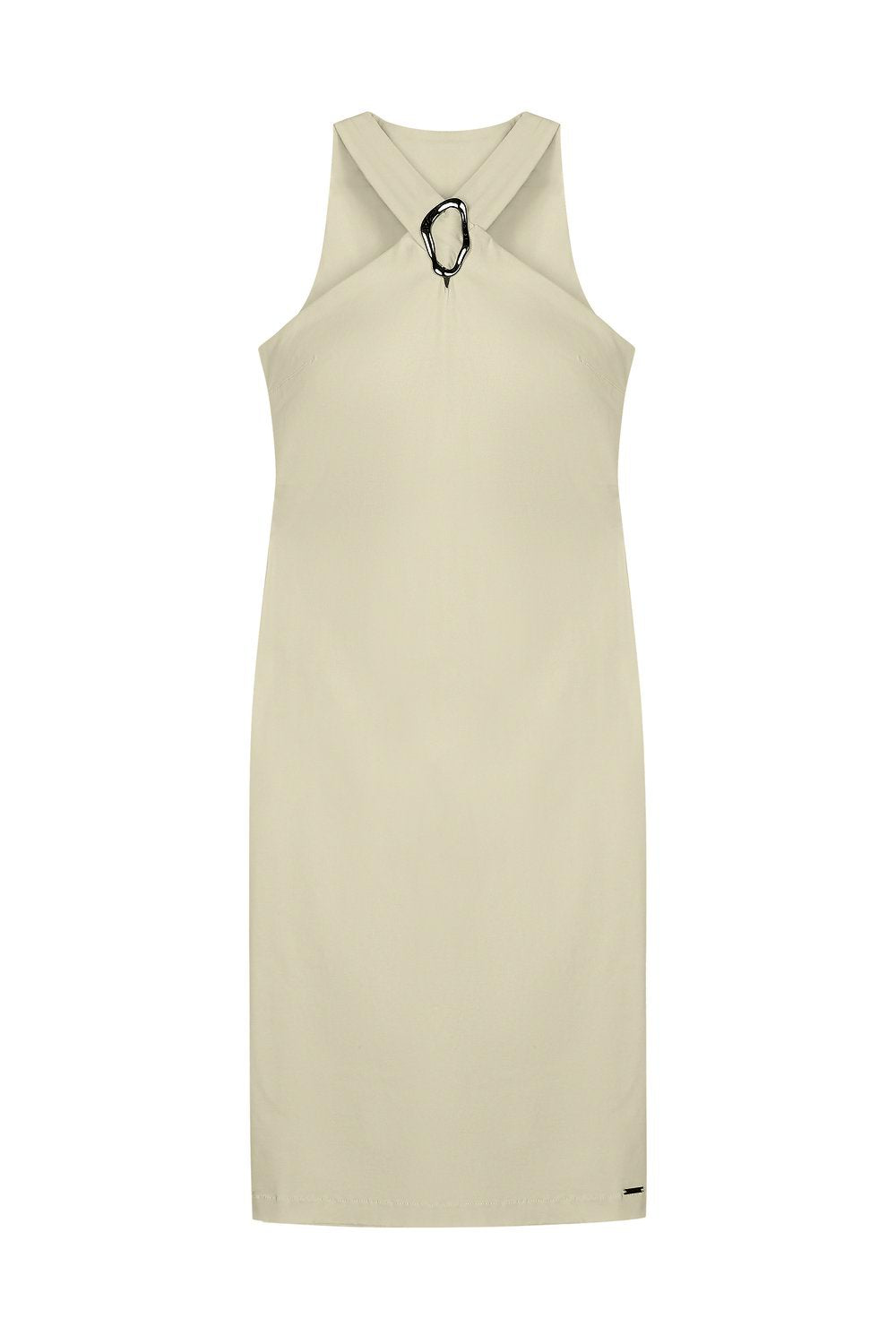 VESTIDO MIDI EM BENGALINE DET FIVELA OFF WHITE