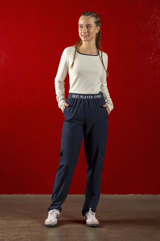 CONJ FEM JUV CROP ML E CALCA MICROFIBRA BRANCO/MARINHO