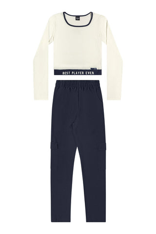 CONJ FEM JUV CROP ML E CALCA MICROFIBRA BRANCO/MARINHO