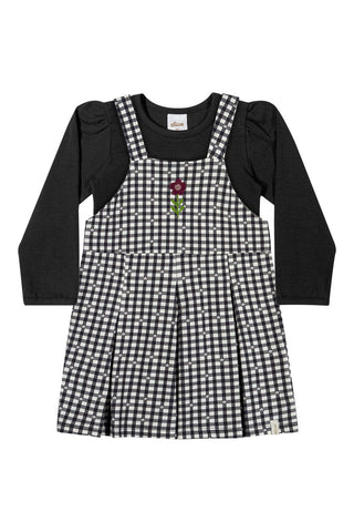 CONJ FEM BL ML E VESTIDO EST XADREZ PRETO