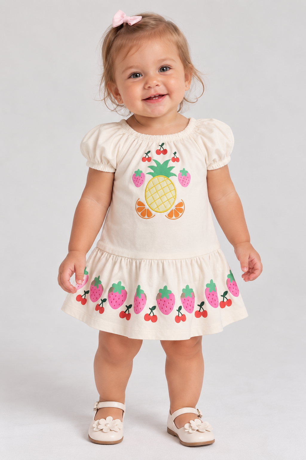 VESTIDO MC ELAST EST FRUTAS ABACAXI BORD BAUNILHA