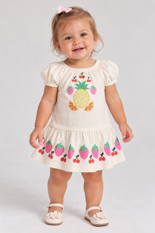 VESTIDO MC ELAST EST FRUTAS ABACAXI BORD BAUNILHA