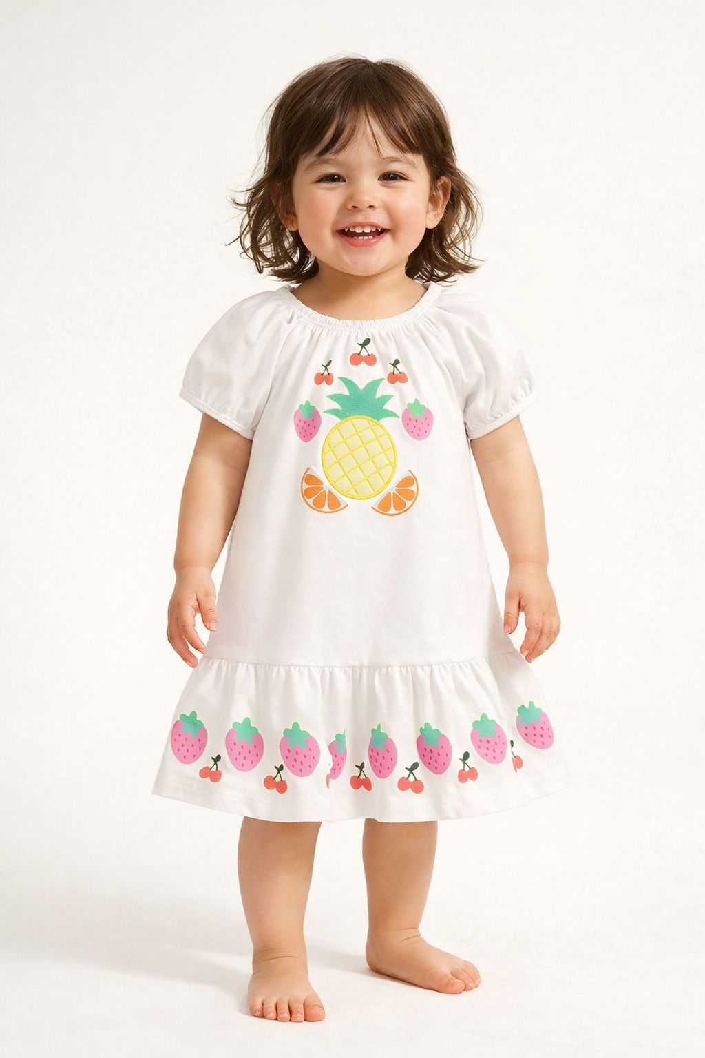 VESTIDO MC ELAST EST FRUTAS ABACAXI BORD BAUNILHA