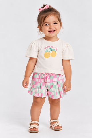 CONJ FEM BL LA DOLCE VITA E SHORT XADREZ BAUNILHA/ESTAMPADO