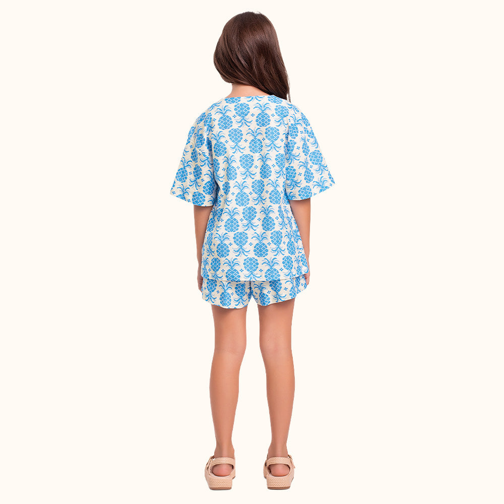 CONJ FEM KIMONO SHORT E TOP EST ABACAXI AZUL/BRANCO