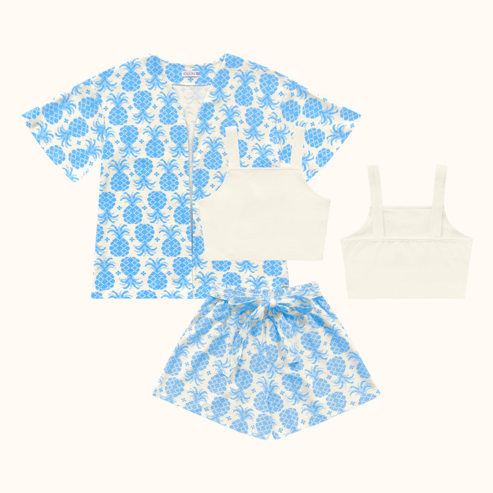 CONJ FEM KIMONO SHORT E TOP EST ABACAXI AZUL/BRANCO