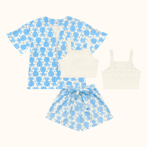 CONJ FEM KIMONO SHORT E TOP EST ABACAXI AZUL/BRANCO