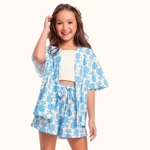 CONJ FEM KIMONO SHORT E TOP EST ABACAXI AZUL/BRANCO