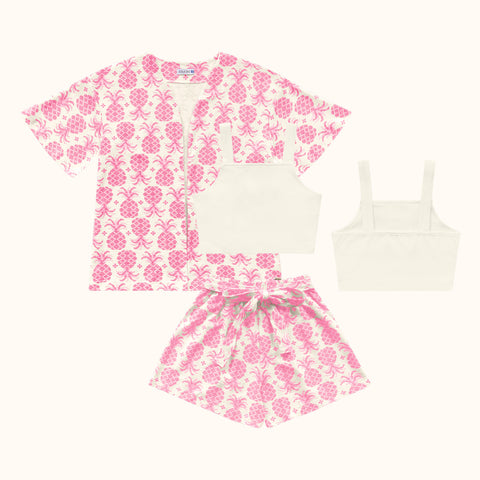 CONJ FEM KIMONO SHORT E TOP EST ABACAXI ROSA/OFF WHITE
