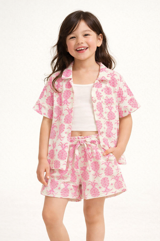 CONJ FEM KIMONO SHORT E TOP EST ABACAXI ROSA/OFF WHITE