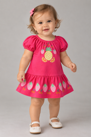 VESTIDO MC ELAST EST FRUTAS ABACAXI BORD ROSA