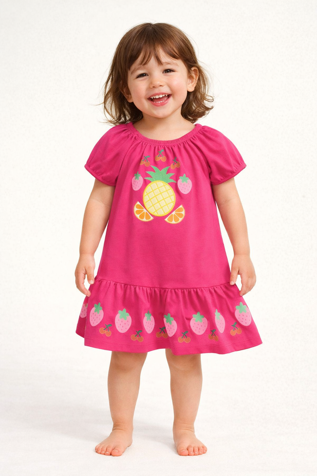 VESTIDO MC ELAST EST FRUTAS ABACAXI BORD ROSA