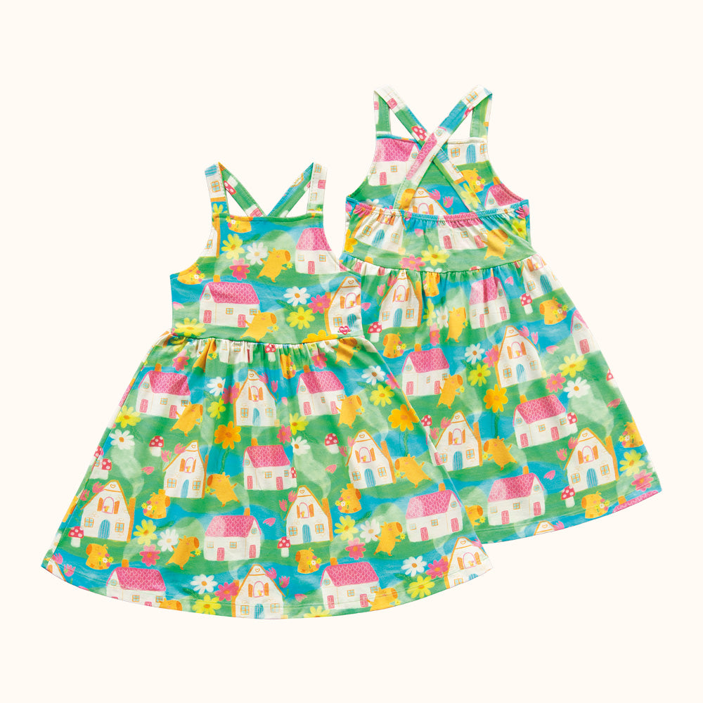 VESTIDO ALCA EST CASAS FLORES E CAPIVARA ESTAMPADO