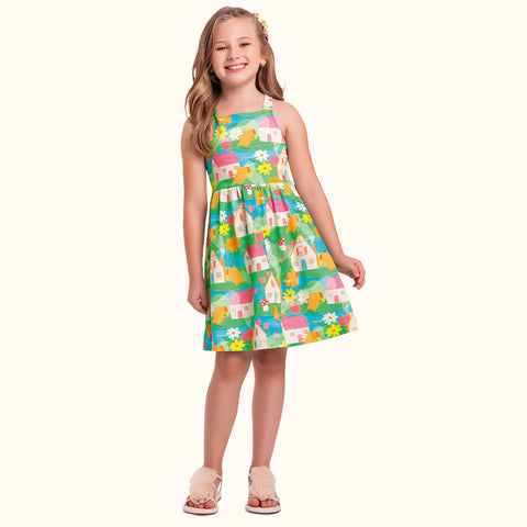 VESTIDO ALCA EST CASAS FLORES E CAPIVARA ESTAMPADO