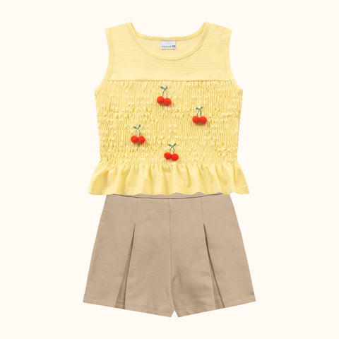 CONJ FEM REG LASTEX E POMPOM E SHORT MLT AMARELO/CAMELO