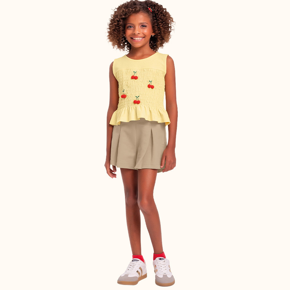 CONJ FEM REG LASTEX E POMPOM E SHORT MLT AMARELO/CAMELO