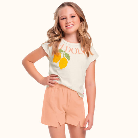 CONJ FEM BL LIMOES C STRASS E SHORT MLT BAUNILHA/LARANJA