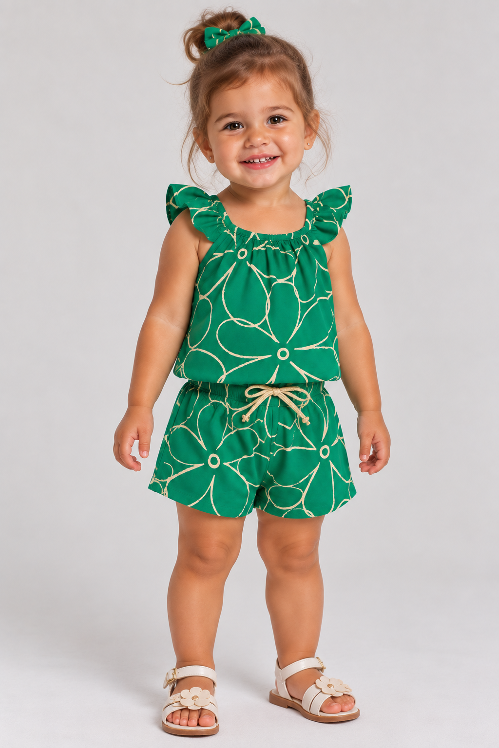 CONJ FEM BL E SHORT FLORAL METALIZADO VERDE
