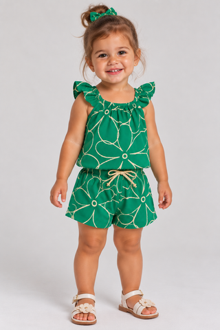 CONJ FEM BL E SHORT FLORAL METALIZADO VERDE