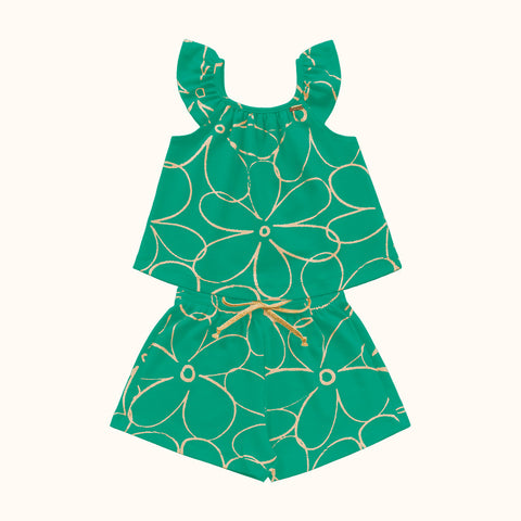 CONJ FEM BL E SHORT FLORAL METALIZADO VERDE