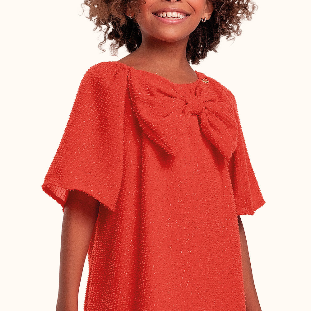 VESTIDO MC TECIDO BRILHO C LACO FRENTE VERMELHO
