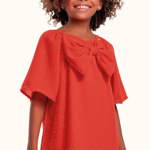 VESTIDO MC TECIDO BRILHO C LACO FRENTE VERMELHO