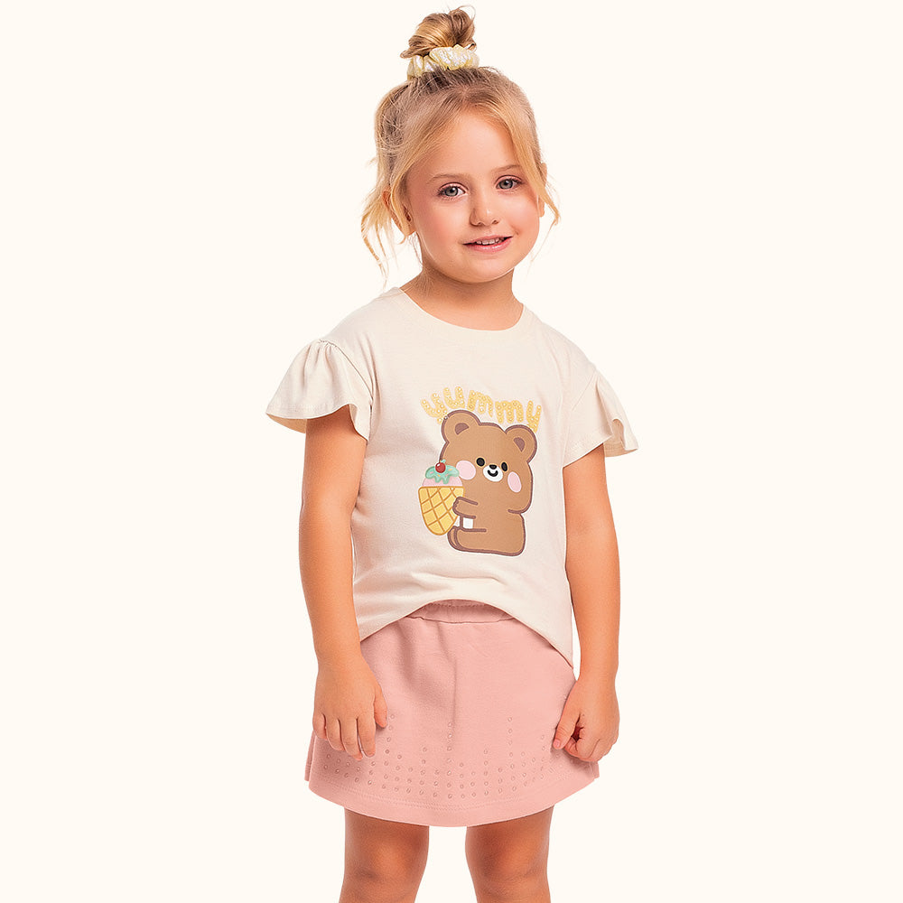 CONJ FEM BL URSO E STRASS SHORT SAIA MLT BAUNILHA/ROSA