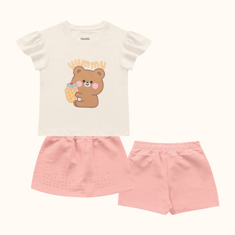 CONJ FEM BL URSO E STRASS SHORT SAIA MLT BAUNILHA/ROSA