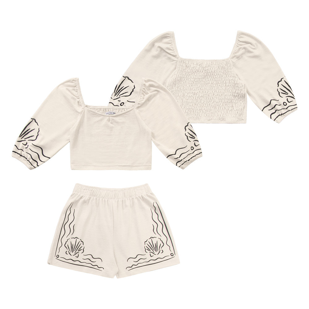 CONJ FEM BL MG 3/4 LASTEX C DET E SHORT BAUNILHA