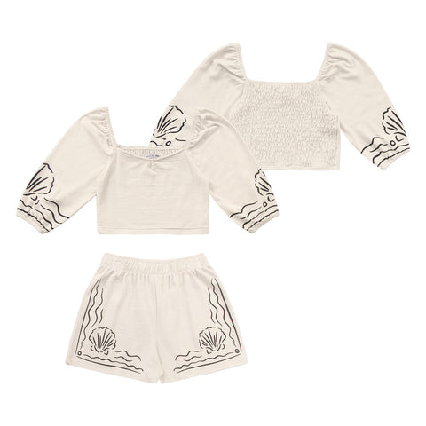 CONJ FEM BL MG 3/4 LASTEX C DET E SHORT BAUNILHA
