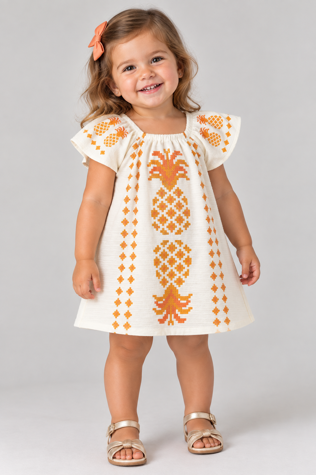 VESTIDO MC BORB EST ABACAXIS C LANTEJ MARFIM/LARANJA