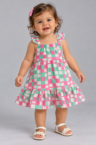 VESTIDO ALCA BAB MALHA FLORENCE XADREZ VERDE/PINK