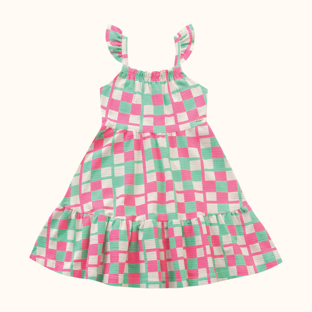 VESTIDO ALCA BAB MALHA FLORENCE XADREZ VERDE/PINK