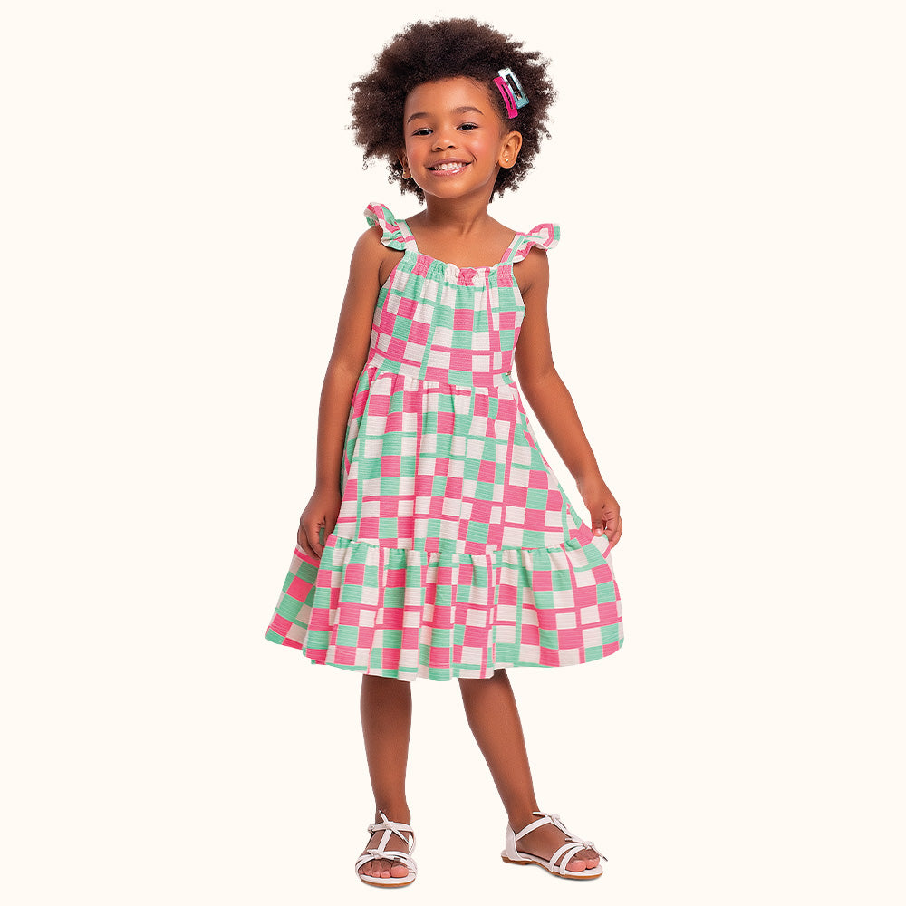 VESTIDO ALCA BAB MALHA FLORENCE XADREZ VERDE/PINK