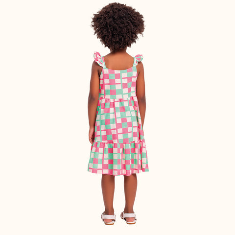 VESTIDO ALCA BAB MALHA FLORENCE XADREZ VERDE/PINK