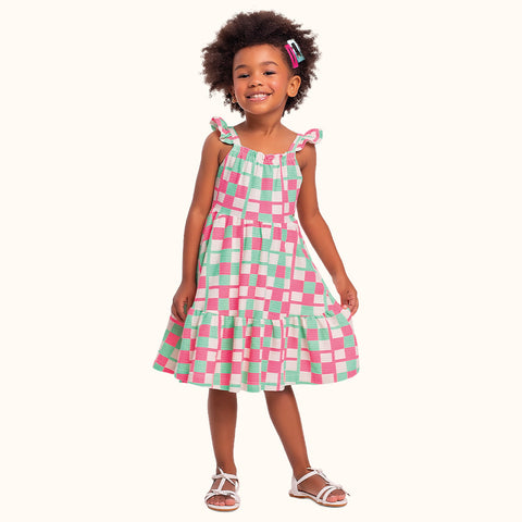 VESTIDO ALCA BAB MALHA FLORENCE XADREZ VERDE/PINK
