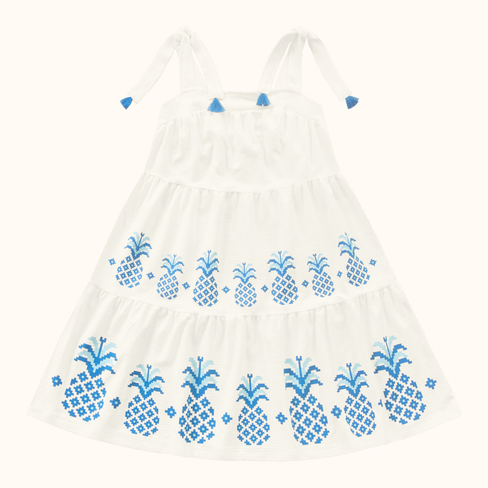 VESTIDO ALCA AMARRA DET PONTAS E ABACAXI MARFIM/AZUL
