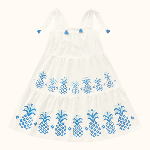 VESTIDO ALCA AMARRA DET PONTAS E ABACAXI MARFIM/AZUL