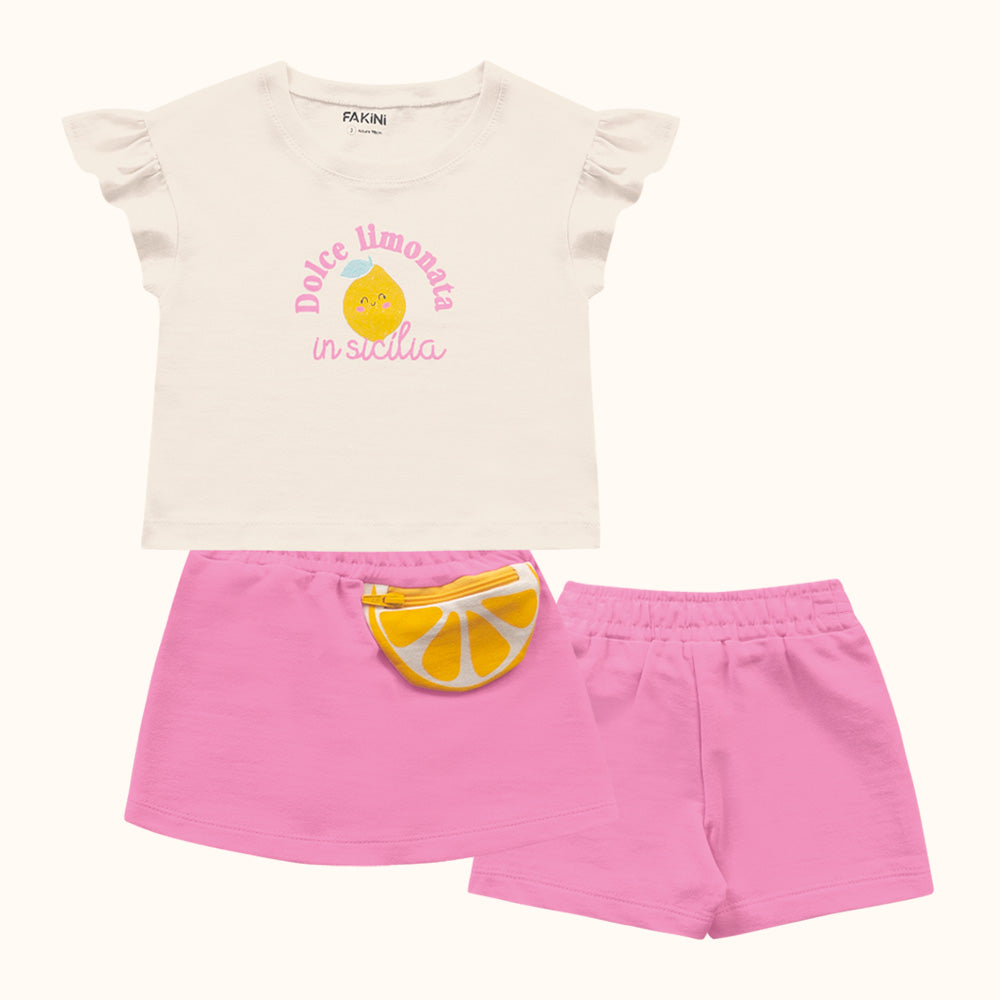 CONJ FEM BL LIMAO SHORT SAIA BOLSO ZIPER BAUNILHA/ROSA