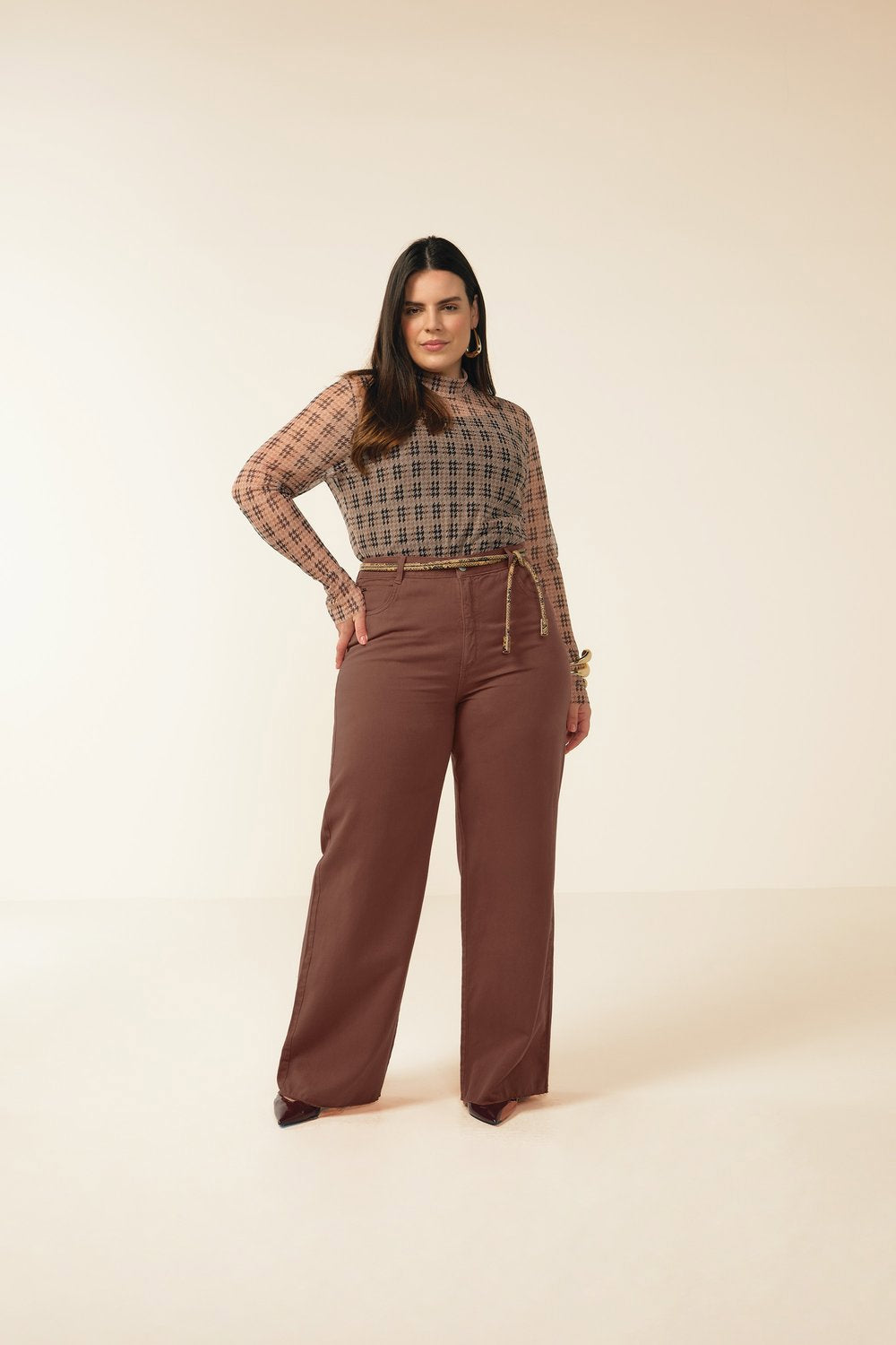 BLUSA FEM ML TULE ESTAMPADO E REG RIBANA MARROM